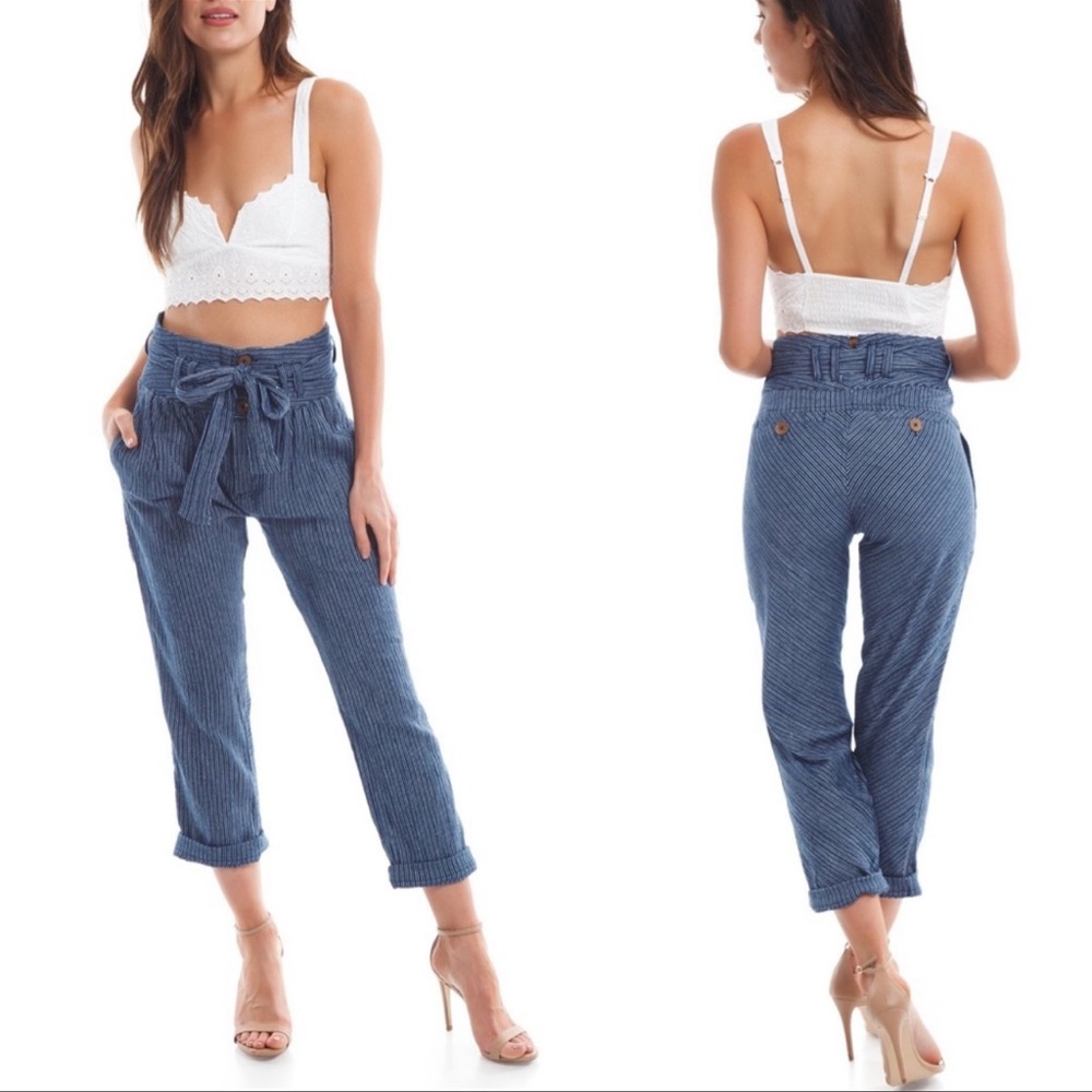 Free People Rumors Yarn Dye Stripe Paper Bag Pants Blue and White Striped